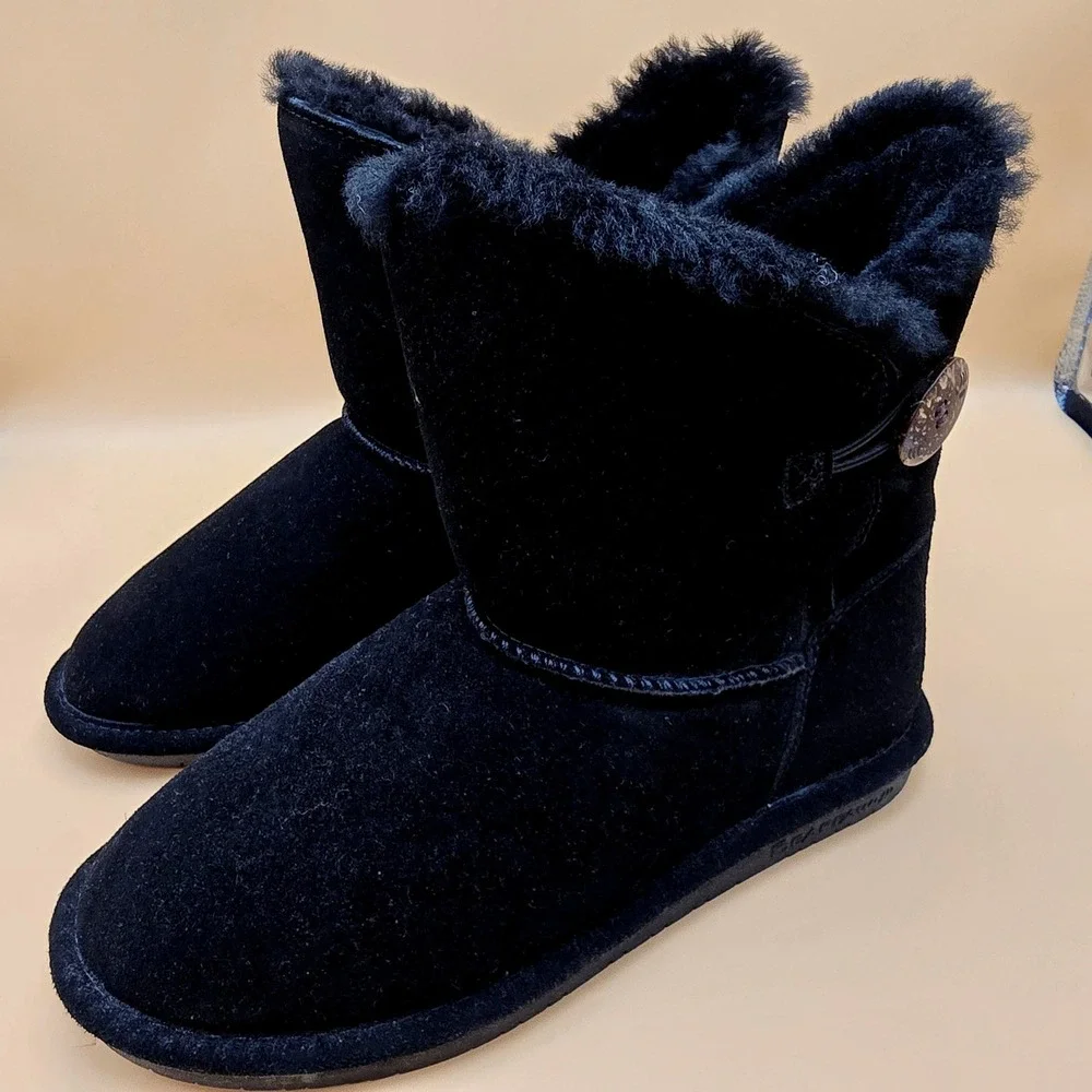 Bearpaw Rosie Black Suede Sheepskin Wool Fur Button Boots 1653W Womens 9